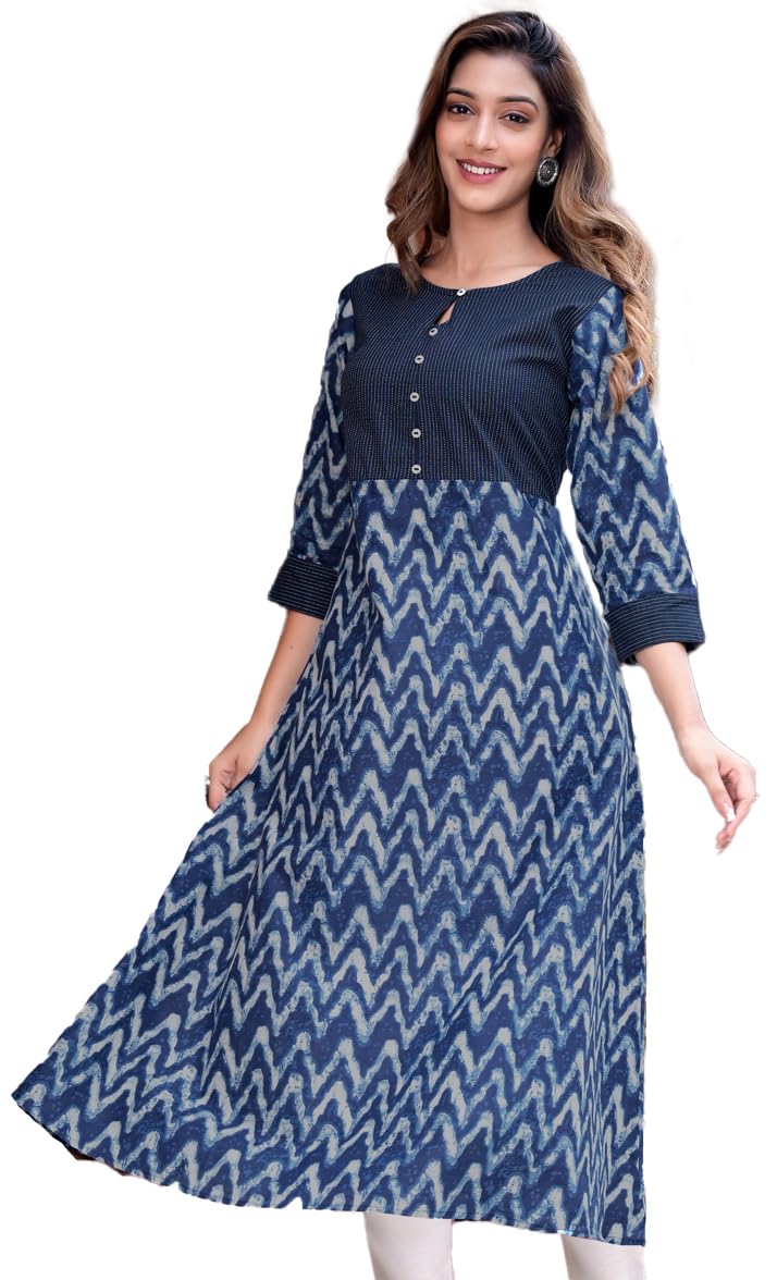 Yash Gallery Women's Cotton Chevron Kantha A-line Indian Calf Length 3/4 Sleeves Kurtis Dresses (Blue) - Image 1